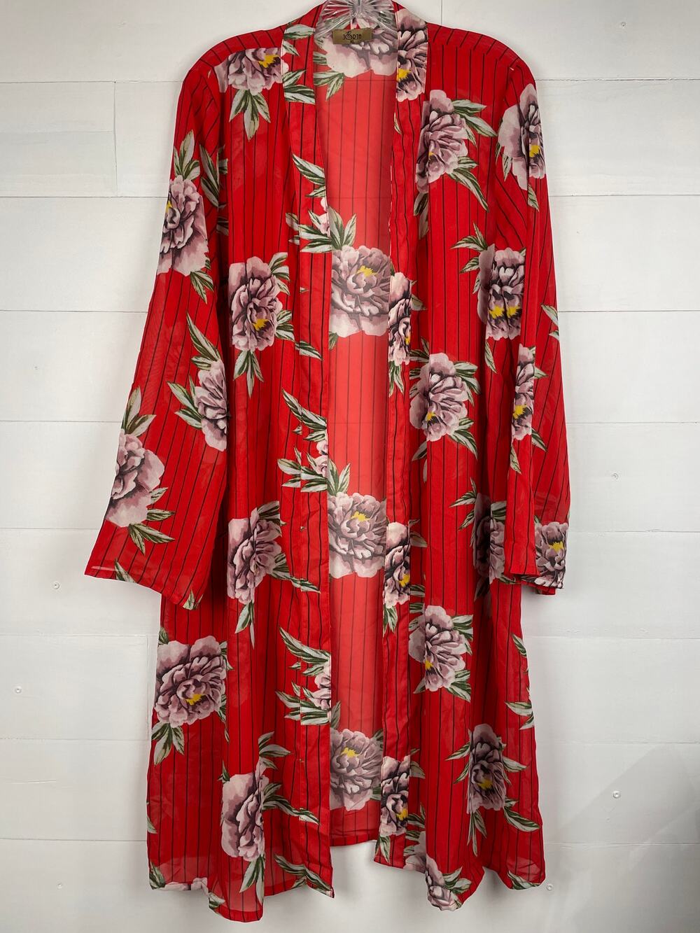Jorja Floral Kimono Duster Cardigan XL Red Sheer Pinstripe Long Beach Cover Up